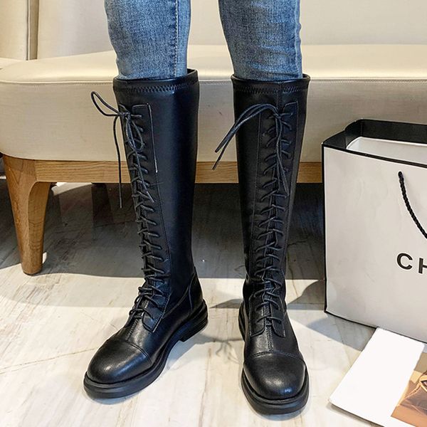 

rimocy elastic pu leather knee high boots women casual cross strap low heel long boots woman black platform fashion botas mujer