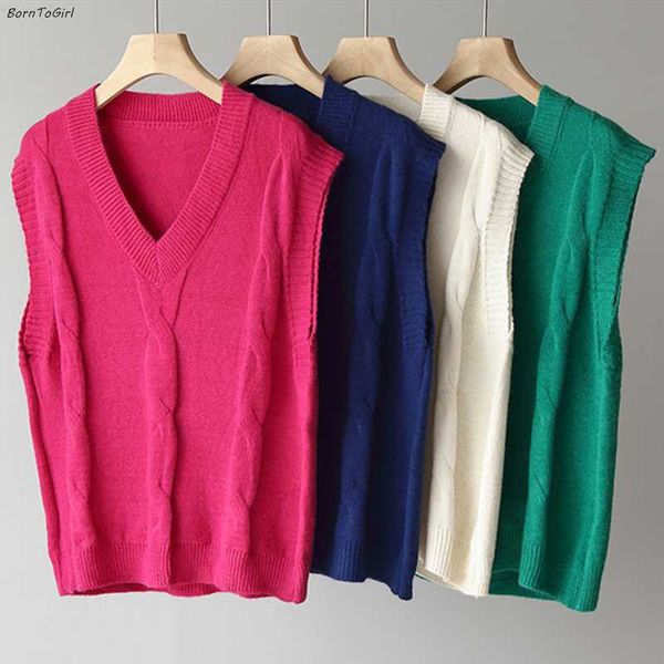 

borntogirl 2020 autumn winter sweaters pullovers women sleeveless v neck navy blue rose beige green sweaters vest pullovers, Black;white