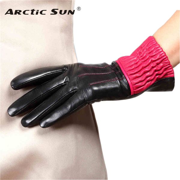 

brand genuine leather gloves women sheepskin gloves two tone winter plus velvet finger driving glove l150nc, Blue;gray