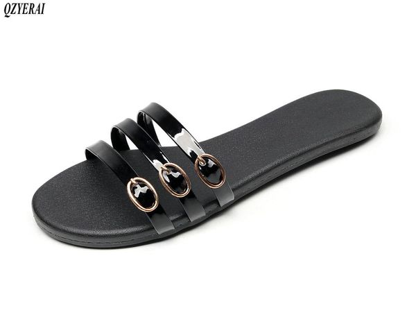 

2020 new summer women's slippers flat bottom metal buckle slippers beach comfortable women shoes large size 34-43, Black
