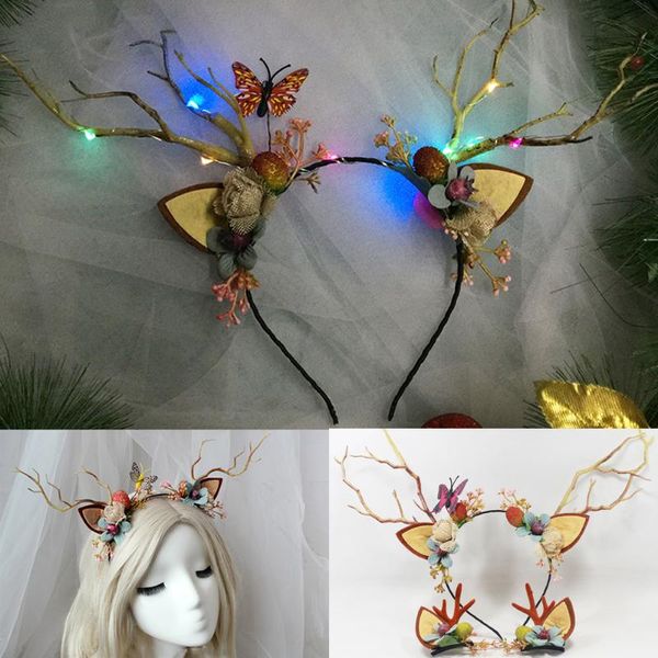 

christmas decorations 2021 led reindeer antlers headband deer ear flower illuminate crown hair clip party hairband wedding jewelry gift