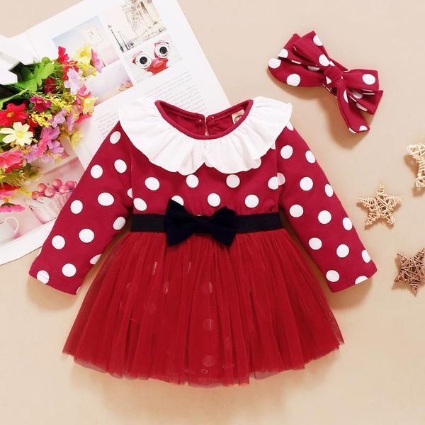 

2020 clothing infant baby girls christmas long sleeve dot print bowknot tulle bodysuit romper dress casual clothes, White