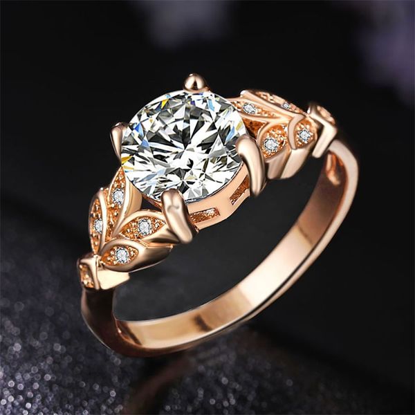 

wedding rings fashion crystal silvery women leaf engagement zircon cubic graceful girls white rose golden ring, Slivery;golden