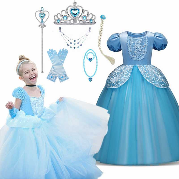 

girls new dress halloween cosplay dress kids fancy princess 7 pcs set crown scepter children vestidos infantil costume, Red;yellow