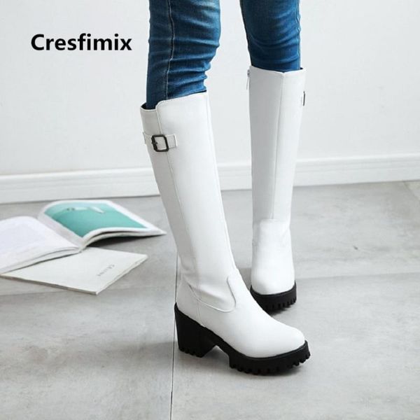 

cresfimix women fashion anti skid 8cm high heel boots botas femininas lady casual white waterproof pu leather boots botas a2328, Black