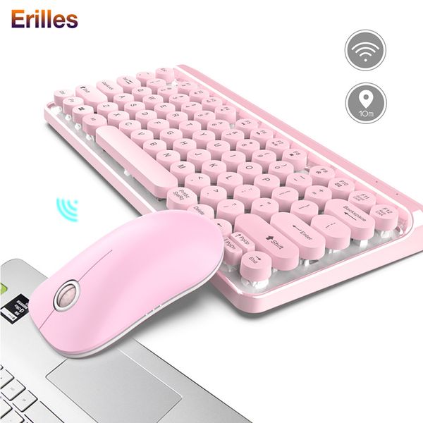 

multi-media 2.4g keyboard and mouse set girl pink ergonomic keypads mouse 1200dpi retro keycaps pc computer keyboard 77 keys