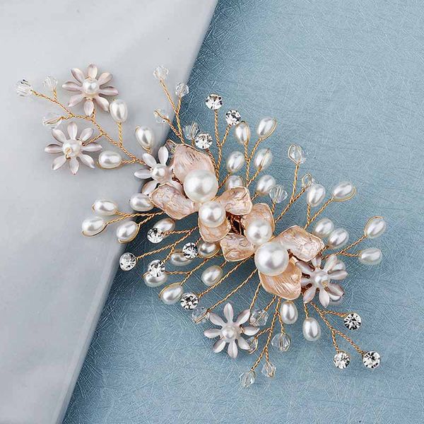 

forseven bridal wedding hair accessories handmade crystal pearls flower leaf hairpin clips headpieces for women girl bride noiva, Golden;silver