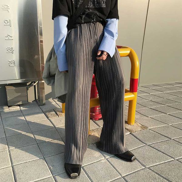 

men folds stripe casual loose straigh pant male women couple streetwear hip hop vintage fashion wide leg pants long trousers mid, Black
