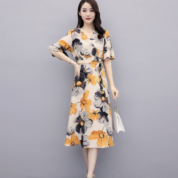 

chiffon floral dress women's summer mid-length short skirt 2020 new elegant waist slimming french light mature style skirt fashion imk0, Black;gray