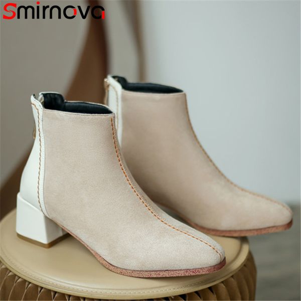 

smirnova 2020 new arrive flock round toe women ankle boots zip thick heel casual shoes simple comfortable short boots woman, Black