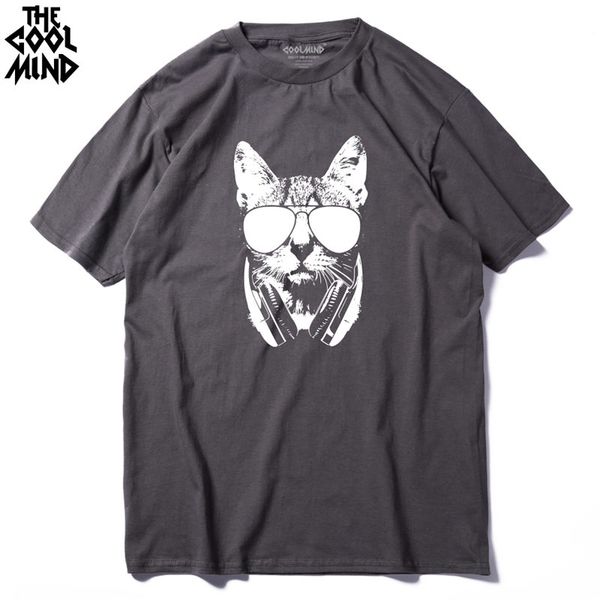 

coolmind ca0211a fashion men t shirt 100% cotton men's dj cat printed t-shirt short sleeve men's tee shirts