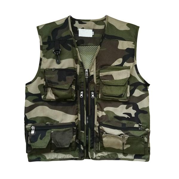 

summer green camouflage fishing hunting vest men zip up sleeveless coat boys outerwear tactical tool vest plus size v neck top, Black;white