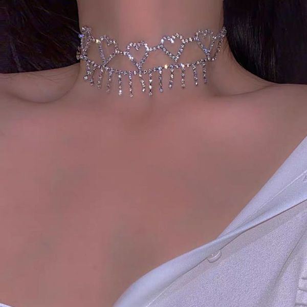 

chokers fyuan shine five heart crystal choker necklaces for women korean style rhinestones statement jewelry party gifts, Golden;silver