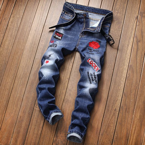 

men's jeans embroidery mens rose skinny men blue ripped casual stretch denim patch design scratched hip-hop pants
