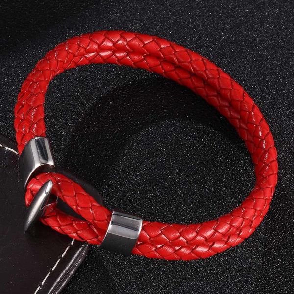 

red braided leather bracelet women fashion jewelry stainless steel buckle simple hook male wrist band gifts, Golden;silver