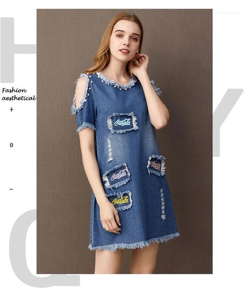 

designer beaded panelled denim dresses fashion hollow out pure color crew neck clothing womens casual letter embroidery dress womens, Black;gray