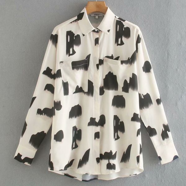 

hadara turn down collar blouses women fashion abstract ink printed shirts women elegant loose pockets female ladies ht, White
