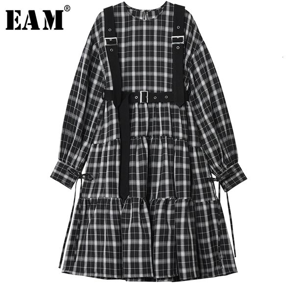 

eam] women black plaid split joint temperament dress new round neck long sleeve loose fit fashion tide spring autumn 2020 1h953 c200919, Black;pink