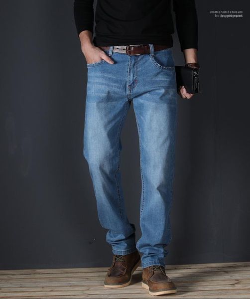 

с кнопкой тонкого прямой середина талия мужских джинсы summer light омывается stretch мужских джинсов, Blue