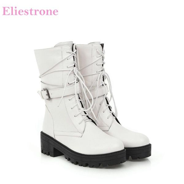 

winter new comfortable black white women mid calf platform riding boots med heels lady shoes ly13 plus big size 10 43 46
