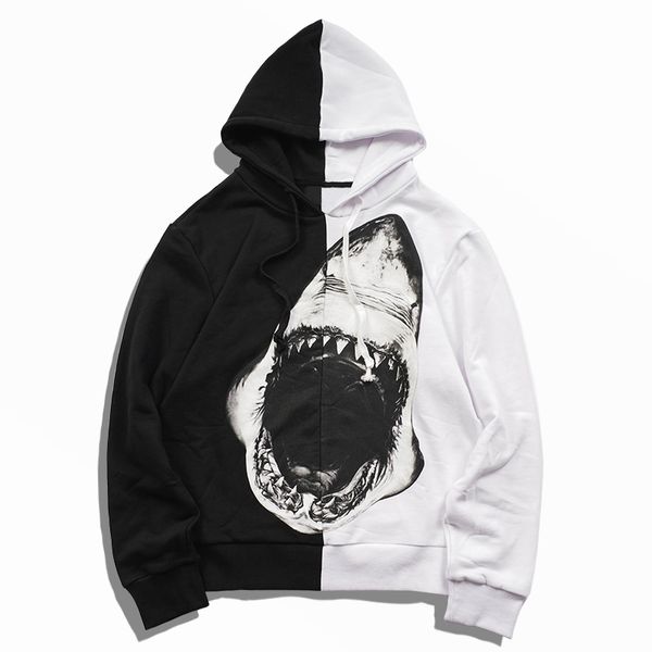 

mens shark print hoodies men women black and white stitching hooded pullover couples casual sweatshirts size s-xl