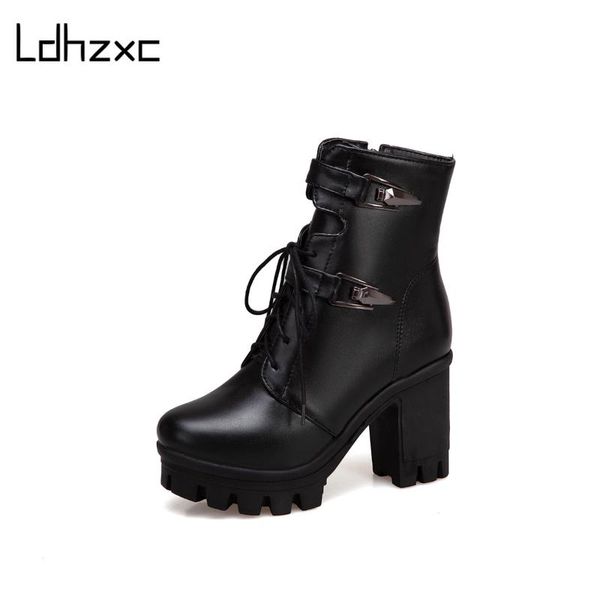 

ldhzxc new fashion european style black ankle boots block heel round toe black lace-up woman platform shoes motorcycle boot fall