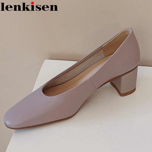 

lenkisen concise style solid genuine leather three colors shallow round toe med square heel slip on office lady women pumps l69, Black