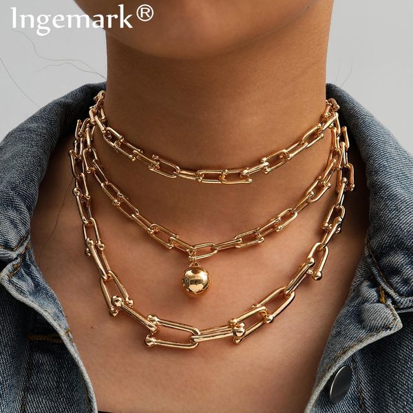 

punk boho cuban heavy metal chain necklace steampunk men rock multilayer big beaded pendant choker necklace women charm jewelry 200928, Silver