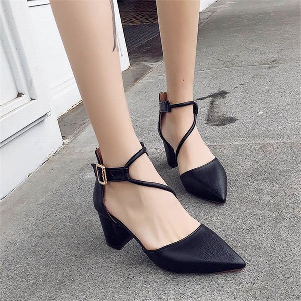 

2020 new comfortable wild thick with single shoes pointed straps high heels shallow mouth fashion wild high heels, Black