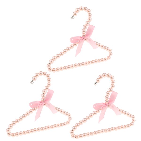 

3pcs children kids plastic pearl beaded clothes hangers with ribbon bowknot pink