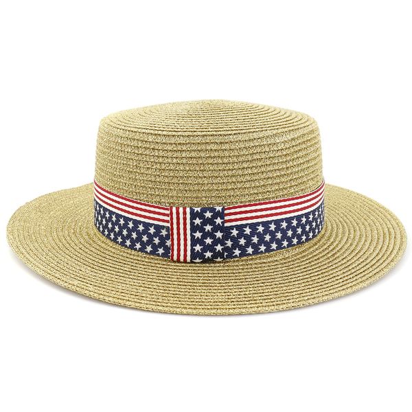 

summer sun straw hats with us flag ribbon band decor flat hat men women wide brim outdoor sunhat shade hats, Blue;gray