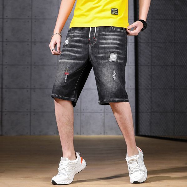 

men's plus size summer new fashion brand ripped denim shorts loose elastic five-point shorts, Blue