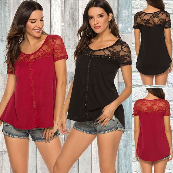 

fashion embroidery lace short sleeve shirt spring summer o-neck blouse shirts solid casual women blusa streetwear 2xl, White