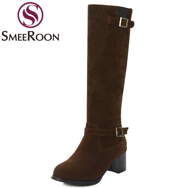 

smeeroon 2020 knee high boots classic round toe thick middle heels boots motorcycle buckles comfortable winter woman shoes, Black