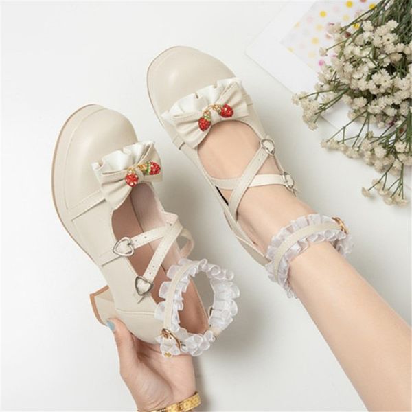 

pxelena sweet lolita princess mary janes cosplay shoes med heel strawberry ruffles cross tied pumps women wedding dress dance 45, Black