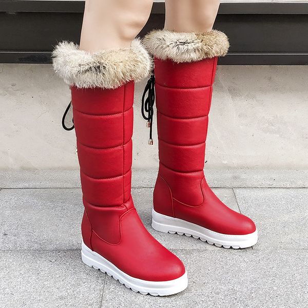 

ymechic fashion winter below knee high snow boots wedges shoes for women faux fur red black cross tied warm long ladies boots
