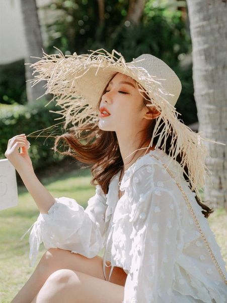 

spring and summer new style big brimmed raffia straw hat women's summer tide wear beach hat beach sunscreen sun tide, Blue;gray