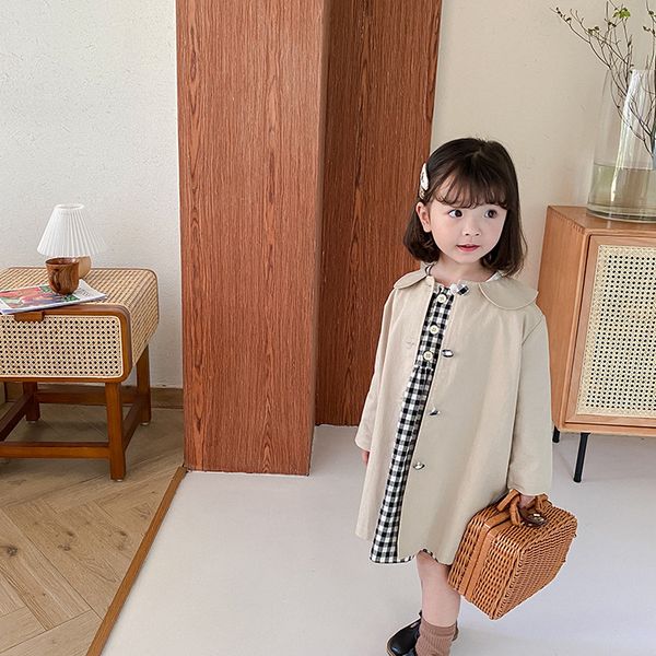 

korean style 2020 fashion girls casual doll collar trench jackets baby girl long sleeve singl-breasted loose long coats, Blue;gray