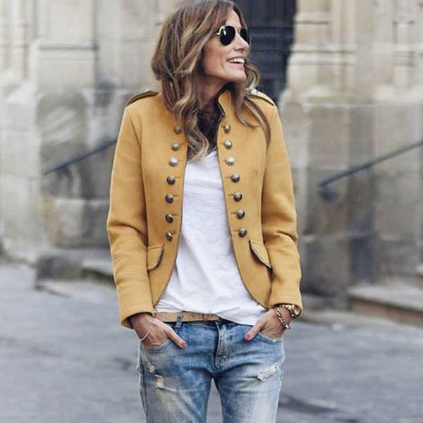 

women's two piece pants women short blazer jacket autumn winter long sleeve suits button feminino yellow coats ladies clothing streetwe, White