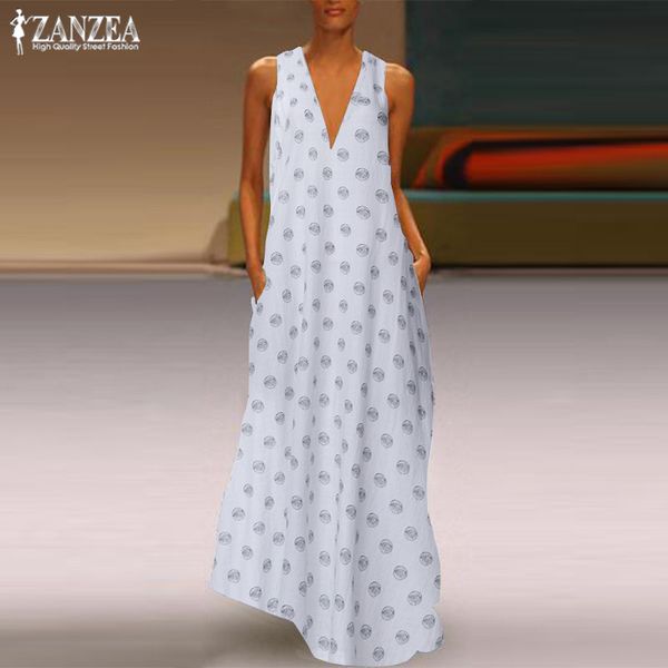 

zanzea 2020 casual printed maxi dress women's sundress summer v neck sleeveless tunic vestidos female beach party robe femme, Black;gray