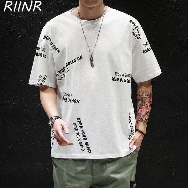 

riinr 2020 summer new round neck plus size short sleeve trendy youth all-match english element printing black and white m-5xl