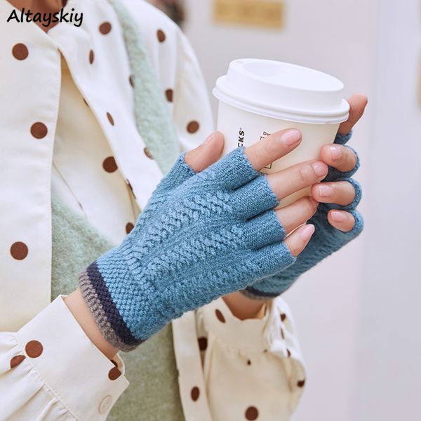 

five fingers gloves women knitted students write female winter korean half-finger warm couple patchwork elegant lovely all-matc, Blue;gray