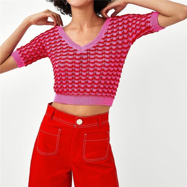 

2020 spring runway women t-shirt contrast color short-sleeve v neck knit pullover fashion slim short jumpers rainbow sweater, White;black