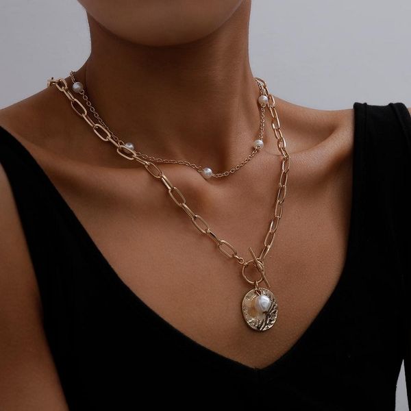 

gothic baroque pearl coin pendant choker necklace for women wedding punk bead lariat gold color long chain necklaces vintage jewelry gift, Silver