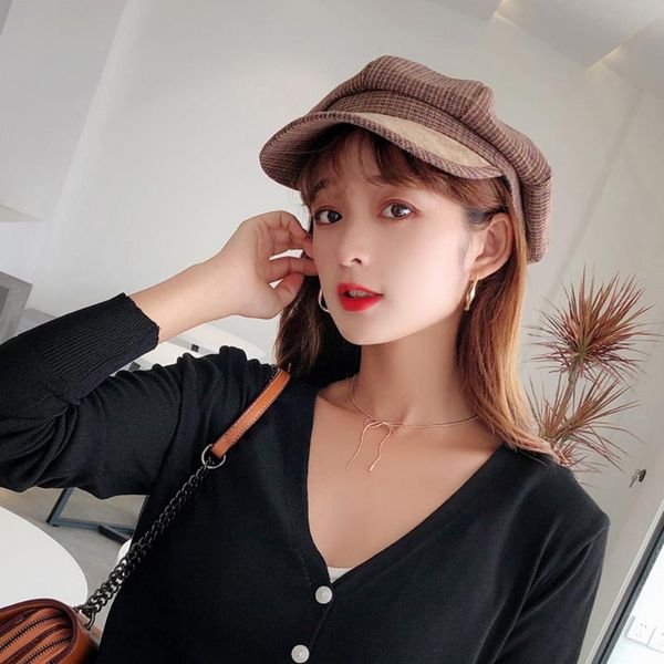 

hat женщина осень и зима восьмиугольной шляпа британский ретро плед флот все-матч берета, Blue;gray