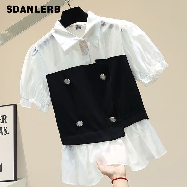 

chiffon shirt female summer short-sleeved new all-match lady's shirts white black blouse lapel shirt blusa