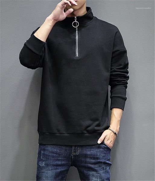 

loose zippet panelled stand collar mens sweatshirts casual males clothing solid color mens designer sweatshirts fashion, Black