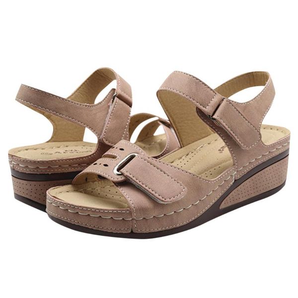 

the new sandals women solid color thick bottom wedge heel shoes round toe sandals beach shoes women comfortable breathable, Black