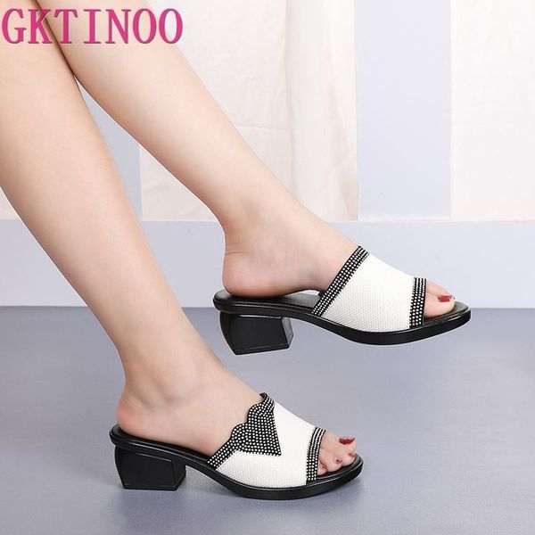 

gktinoo women slipper's 2020 ladies summer slippers shoes women high heels fashion rhinestone summer shoes thick heels, Black