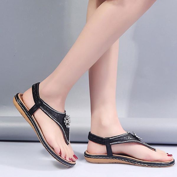 

plus size 37-43 sandals women pu clip toe casual shoes woman rhinestones elastic band sandal femme fashion flat shoes g3, Black